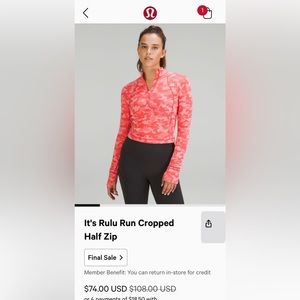 Lululemon rulu run cropped half zip- 12
